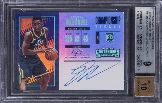 2017-18 Panini Contenders Championship Ticket Autograph Variation #113B Donovan Mitchell Signed Rookie Card (#1/1) - BGS MINT 9/BGS 10